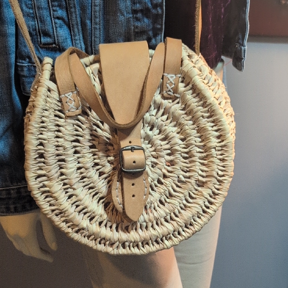Tan Woven Circle Crossbody Bag